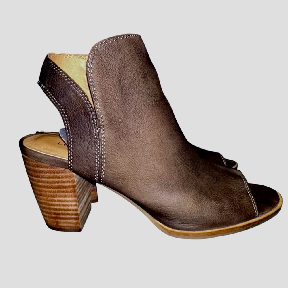 Lucky Brand Jubai Women Sz 8.5 Brown Leather Peep Toe Heeled Booties Ankle‎ Boot